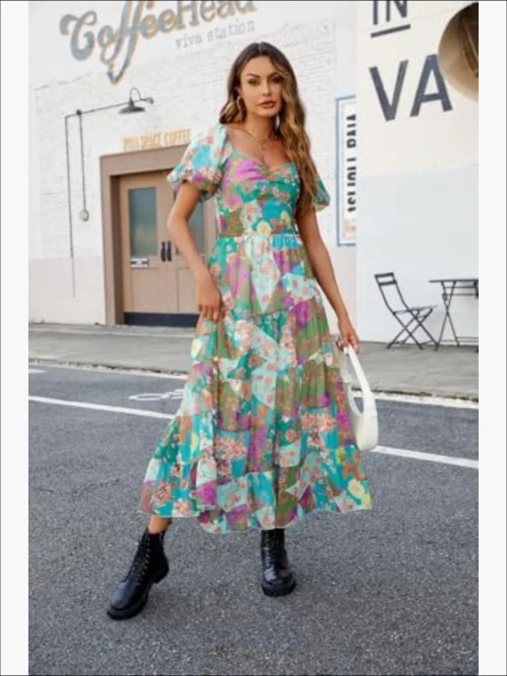 Womens Floral Maxi Dress V Neck Puff Sleeve Bohemian Casual Summer Bloomcore - Picture 3 of 4